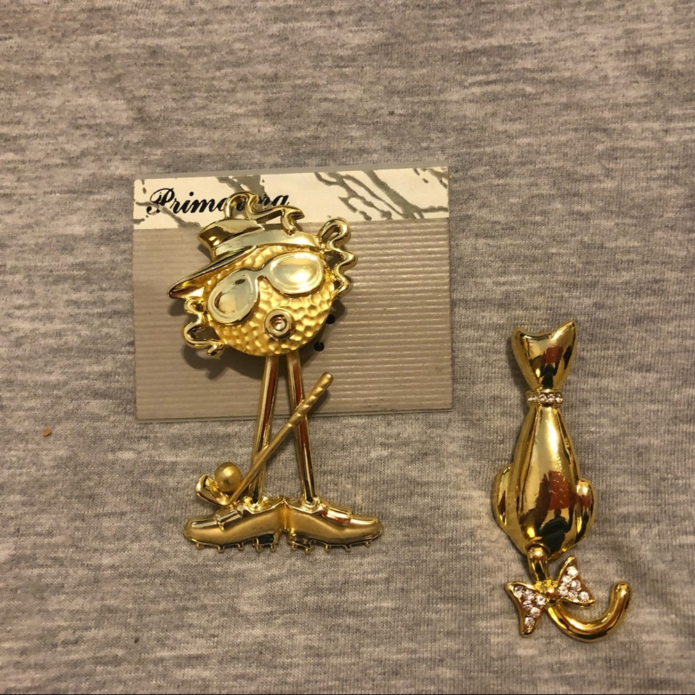 Two Vintage Pins Brooches Gold tone with Rhinestones Cat and Golfer Whimsical